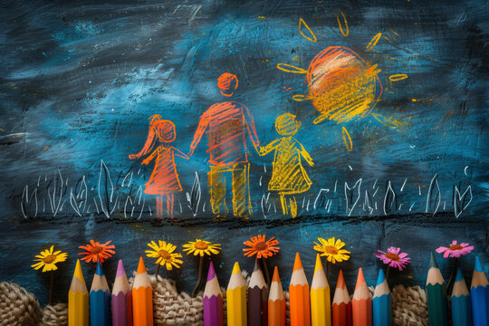 Kid's drawing of father with children, rear view and colorful pencils. Father's Day, illustration