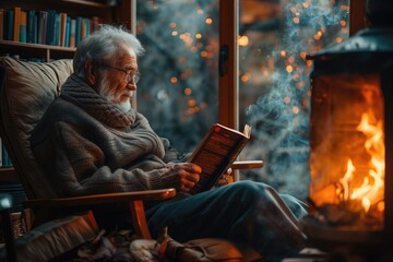 Obraz na płótnie Canvas Against the backdrop of a crackling fireplace, a man reclines in a comfortable armchair, lost in the pages of a captivating book, finding solace and escape from the world through the power of literatu