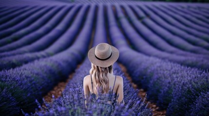 Young beautiful girl in a hat and dress among the purple lavender field. The most beautiful lavender fields of Valensole Provence France.