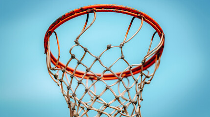 A basketball net with a worn netting and a rusty rim