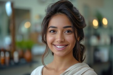 Satisfied and happy brunette female client with short hair on hairstyle in a beauty salon