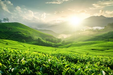 Green tea plantation at sunrise natural backdrop
