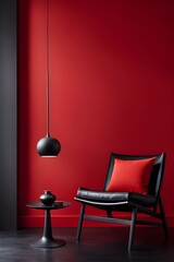 A sleek red chair stands out against a vibrant red backdrop, flanked by a chic black lamp and abstract art, minimalist design and modern living concepts. generative ai