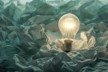 Grey background with crumpled papers and light bulb shape indicating idea inception