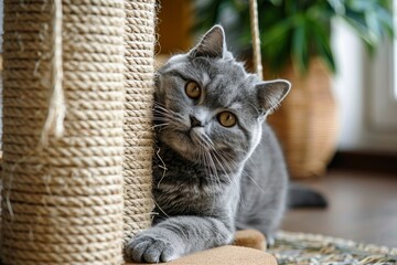 Grey cat with scratching post in home cute and funny