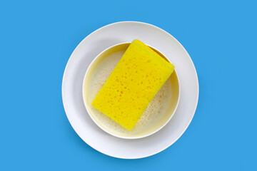 Bowl and plate with cleaning spong. Washing dishes concept