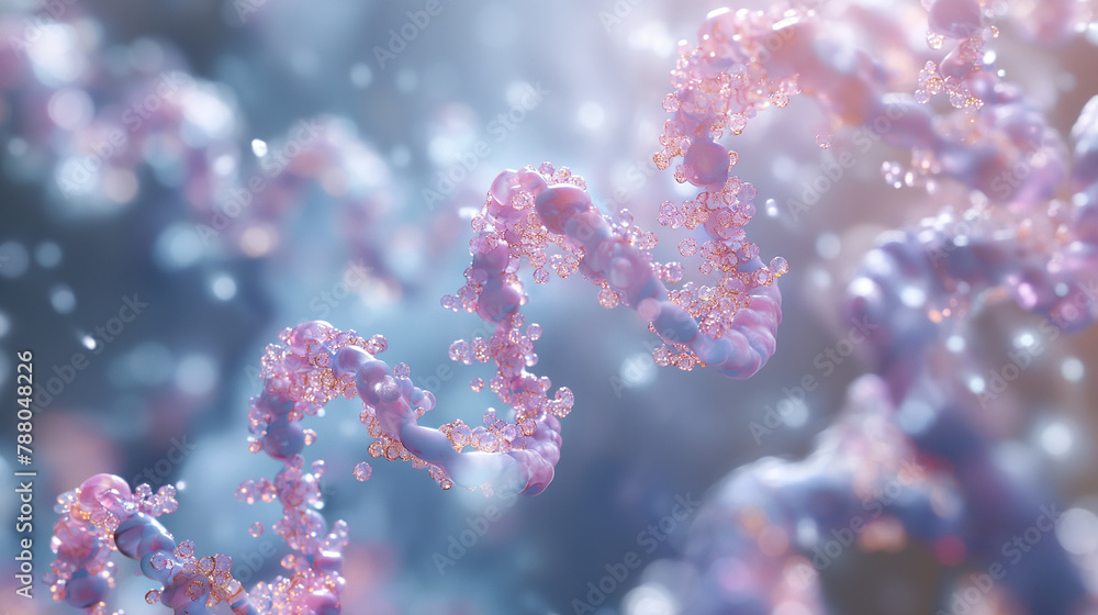 Poster a 3d render of dna transitioning into rna and proteins, with natural light creating realistic shadow