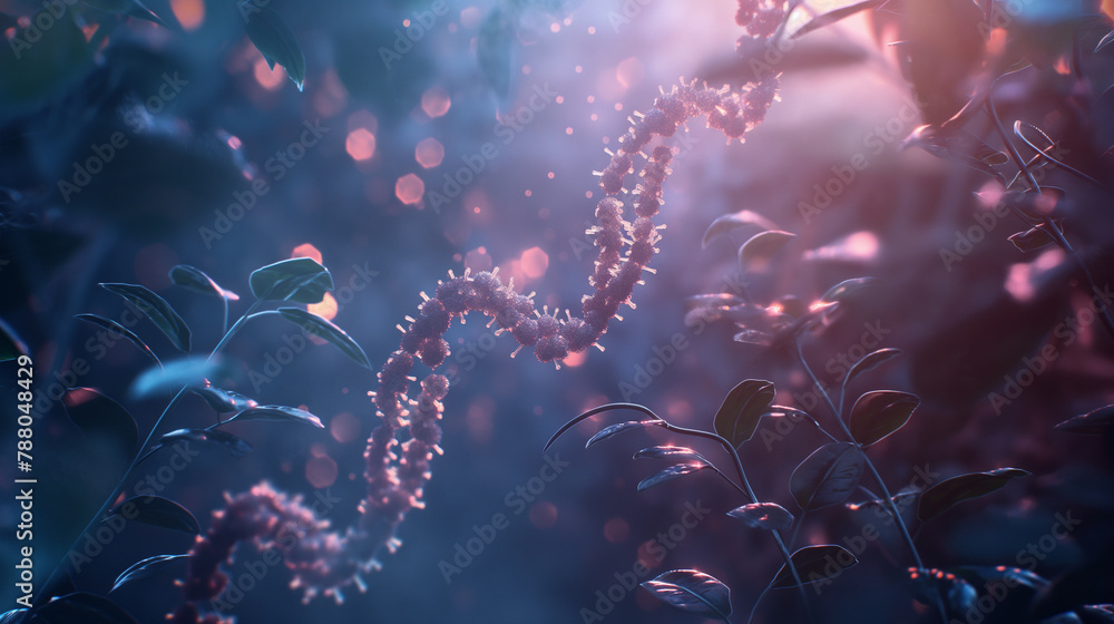 Aufkleber an animated-style frame showing the action of rna polymerase on dna during transcription, lit by nat