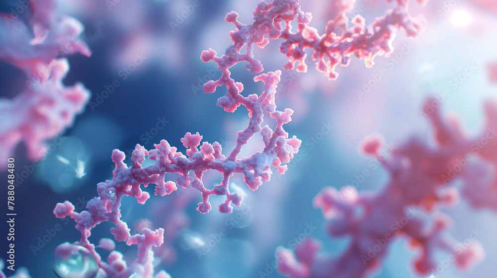 Poster an animated-style frame showing the action of rna polymerase on dna during transcription, lit by nat