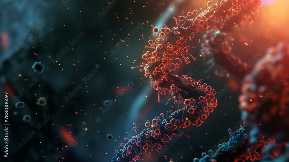 Poster an animated-style frame showing the action of rna polymerase on dna during transcription, lit by nat