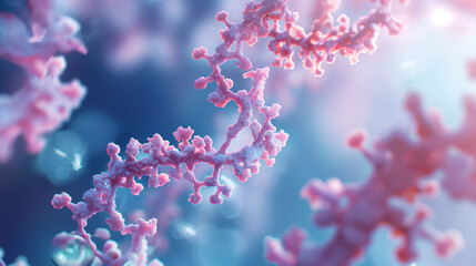 An animated-style frame showing the action of RNA polymerase on DNA during transcription, lit by natural light to add depth. , natural light, soft shadows, with copy space