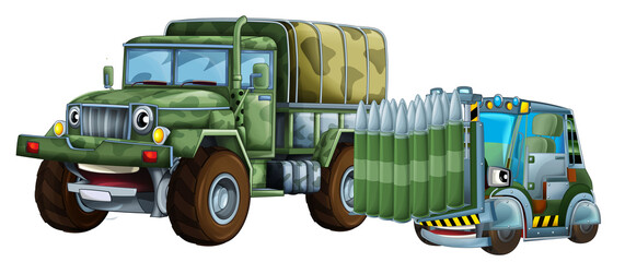 cartoon scene with two military army cars vehicles with forklift theme isolated background illustration for children - 788048672