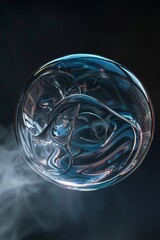 3D glass liquid abstract with holographic effects, resembling a soap bubble floating in a dark expanse