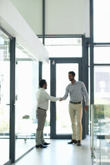 Teamwork, greeting or business people shaking hands in meeting or corporate b2b agreement. Thank you, handshake or financial advisor with job promotion, deal negotiation or partnership opportunity