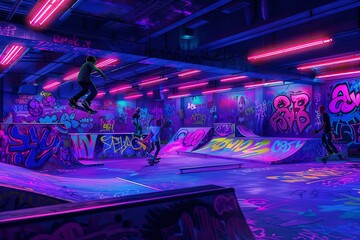A man is skillfully riding a skateboard up the side of a ramp at a neon-lit skate park. Generative AI