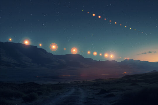 Planetary Alignment: Multiple exposures showing the alignment of planets in the night sky, tech style