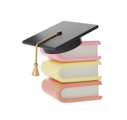 3D Stack of Closed Books and university or college black cap graduate Icon. Render Education or Business Literature. E-book, Literature, Encyclopedia, Textbook Illustration