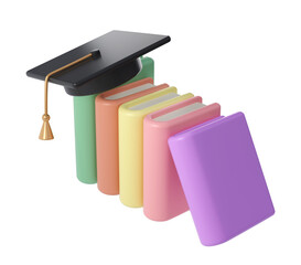 3D Closed Books and university or college black cap graduate Icon. Render Education or Business Literature. E-book, Literature, Encyclopedia, Textbook Illustration.