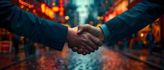 Sealing the Deal with a Handshake Amidst City Lights. Concept Business Etiquette, Networking Skills, Professional Handshake, Urban Meeting, Success in Business - obrazy, fototapety, plakaty