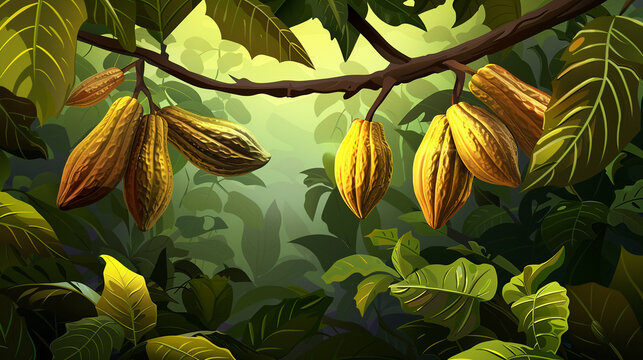 Stylized 3D vector of a cacao tree branch, pods hanging with a detailed look at the bark and leaves, realistic forest setting,