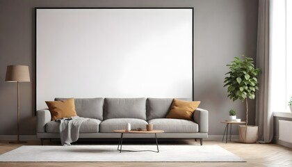 One empty vertical picture frames in a modern living room with white sofa and beige pillows. Wall art mockup.