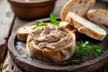 Fototapeta na wymiar Homemade chicken liver pate on rustic bread and wood surface