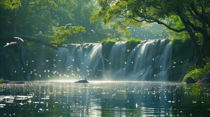 Tranquil Waterfall Scene with Birds and Sunlight - obrazy, fototapety, plakaty