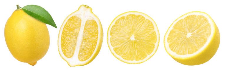 ripe  lemon fruit with leaves, slice and half isolated, Fresh and Juicy Lemon, transparent png, PNG...