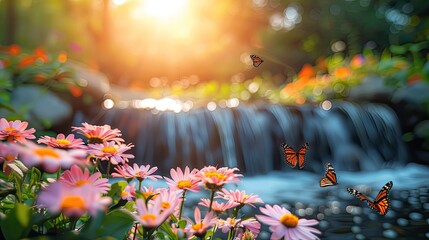 Tranquil Waterfall Landscape with Colorful Flowers and Butterflies at Golden Hour