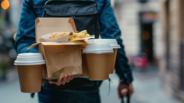 An assortment of paper containers for takeaway food carried by a delivery man