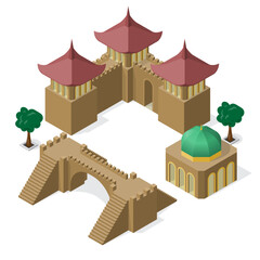 3D frame of isometric models of buildings. Set of ancient buildings with empty space for text in the middle.