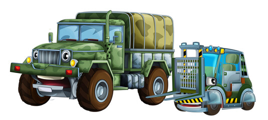 cartoon scene with two military army cars vehicles with forklift theme isolated background illustration for children - 788050680