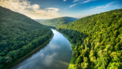  Aerial View of Forest and River. Generative AI.