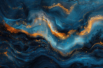 Fototapeta na wymiar Abstract Blue and Gold Liquid Texture Background with Swirls, dark blue and gold on a dark background. Created with Ai