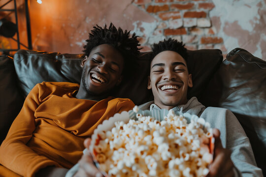 Two mixed race man laughing and eating popcorn, friends spending time together