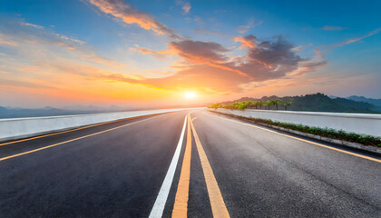 beautiful sun rising sky with asphalt highways road background. Generative AI.