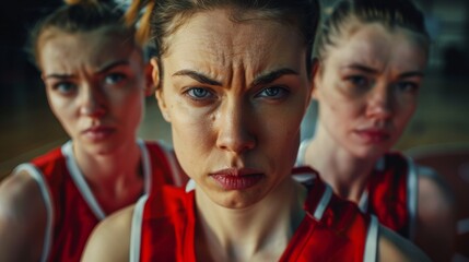women's basket team, determined female players, looking confidently at the viewer, representing the 'girl power' concept. 