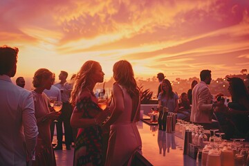 A group of people socializing and enjoying drinks at a bar on a chic rooftop during sunset. Generative AI