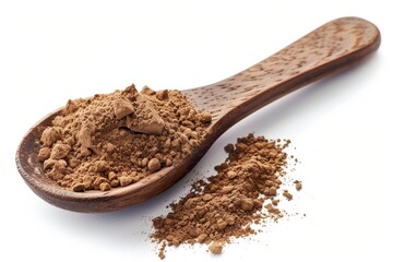 Houjicha tea powder in spoon on white background