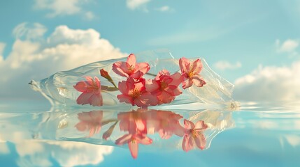 Fototapeta na wymiar Blossom flower petals contained in a plastic bag, displayed on a mirror reflecting the sky