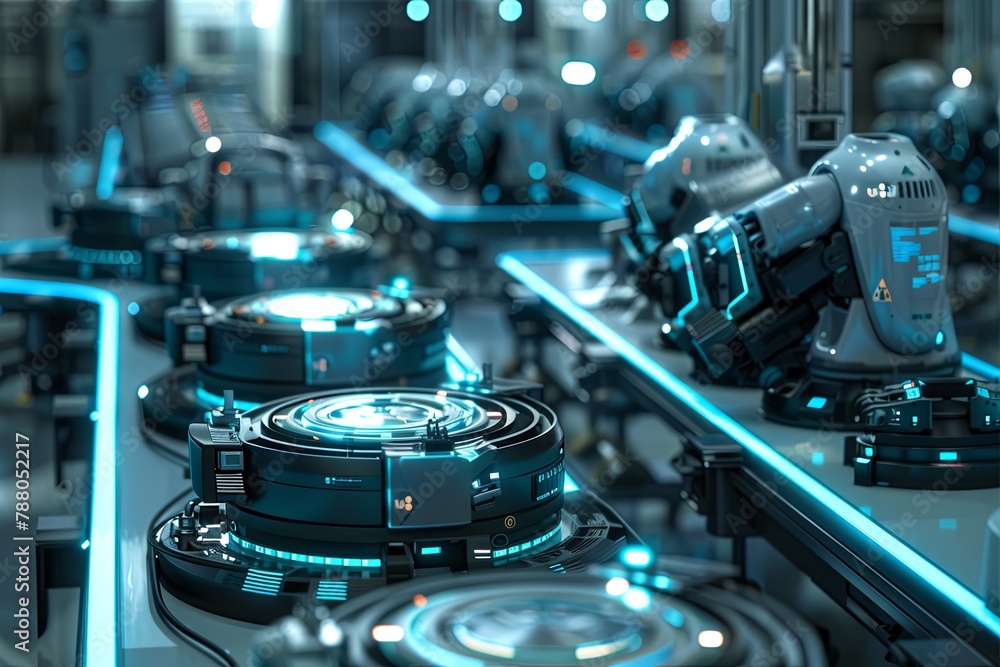 Poster room filled with a diverse range of machines, including robotic assembly lines and high-tech equipme