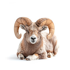 Resting Ram With Large Horns on White Surface. Generative AI