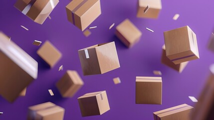 Closed and sealed cardboard parcel boxes depicted as falling against a violet background