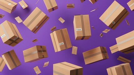 Closed and sealed cardboard parcel boxes depicted as falling against a violet background
