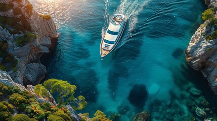 A ship sailing in beautiful sea with turquoise water top view - 788052436