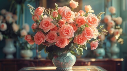 A bouquet of roses in a classic vase