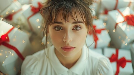 Woman in a pile of gifts portrait  - 788052442