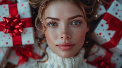 Woman in a pile of gifts portrait