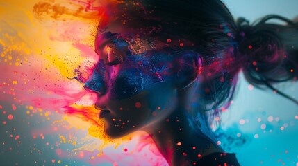 Colourful splash in a woman head, vibrant explosion