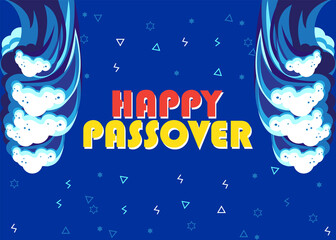 Passover Exodus from Egypt Hebrew: "Happy Passover!" Pesach Jewish Holiday poster. Moses parting the Red Sea, Israelites cross on dry ground waves sky, manna matzah, Egyptian pyramids Sinai desert art